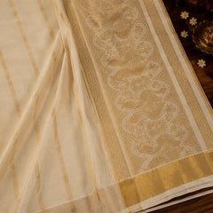 Off White Cotton Saree with Gold Zari Stripes & Traditional Peacock Pallu Design