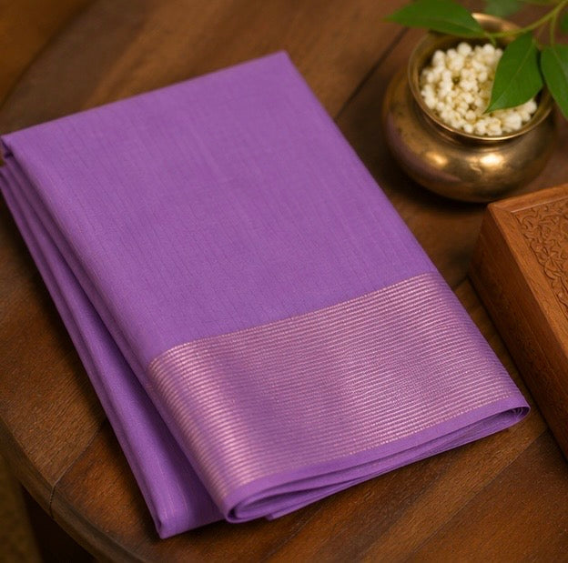 Premium Plain Soft Silk Saree with Elegant Gold Line Pallu & Self Zari Border | Lavender