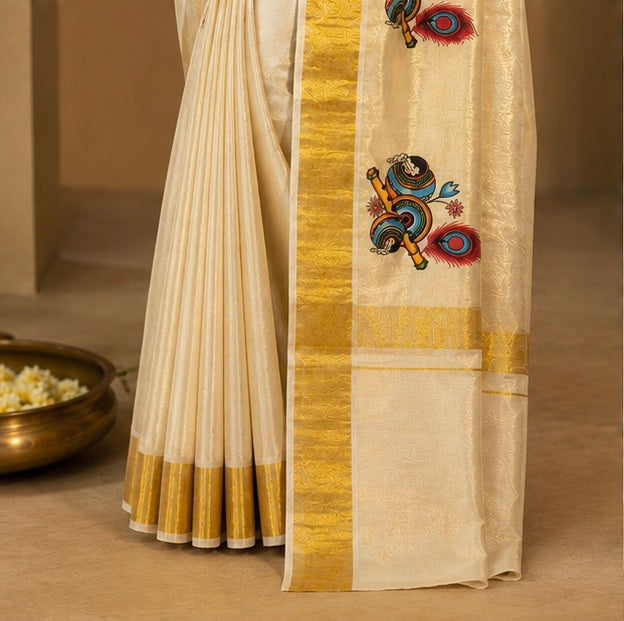 Off White Cotton Saree with Krishna Flute & Peacock Feather Design