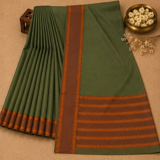 Soft Silk Saree with Traditional Zari Border | Olive Green