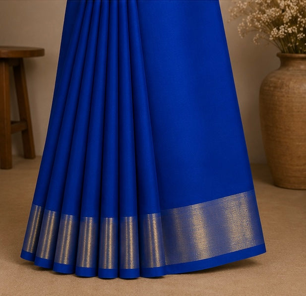 Elegant Blue Soft Silk Saree with Golden Zari Border