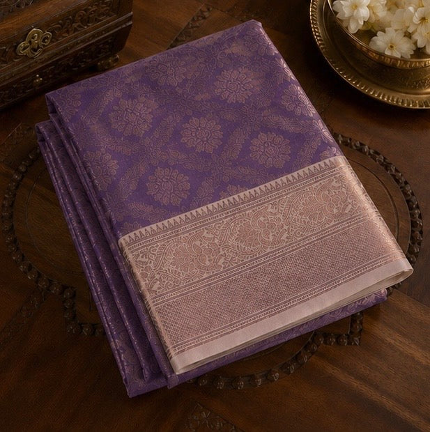Lavender Floral Woven Silk Saree with Zari Border