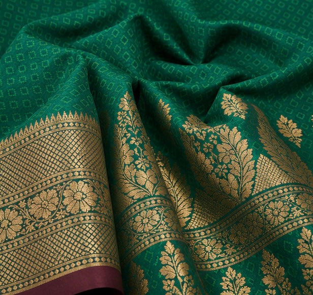Emerald Green Silk Woven Saree with Gold Floral Zari Border
