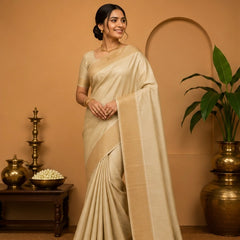 Premium Plain Soft Silk Saree with Elegant Gold Line Pallu & Self Zari Border | Beige