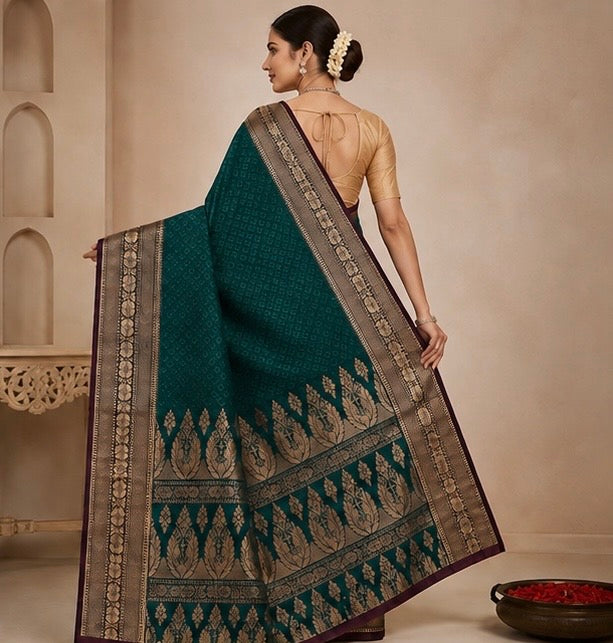 Deep Teal Green Silk Woven Saree with Antique Gold Border