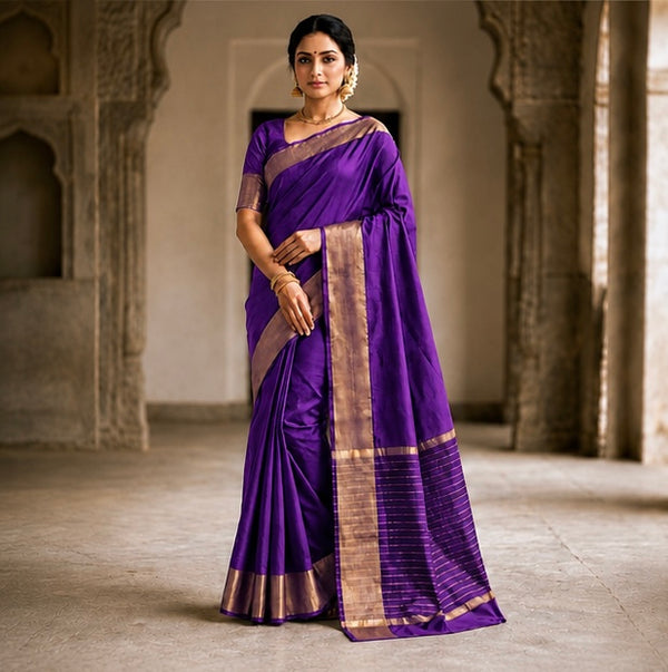Elegant Violet Soft Silk Saree with Golden Zari Border