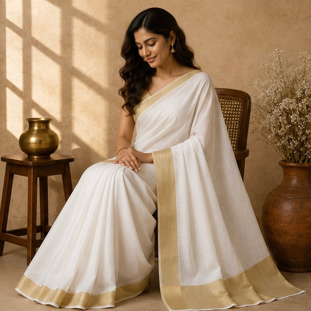 Kerala Silk Saree with Plain Gold Zari Border