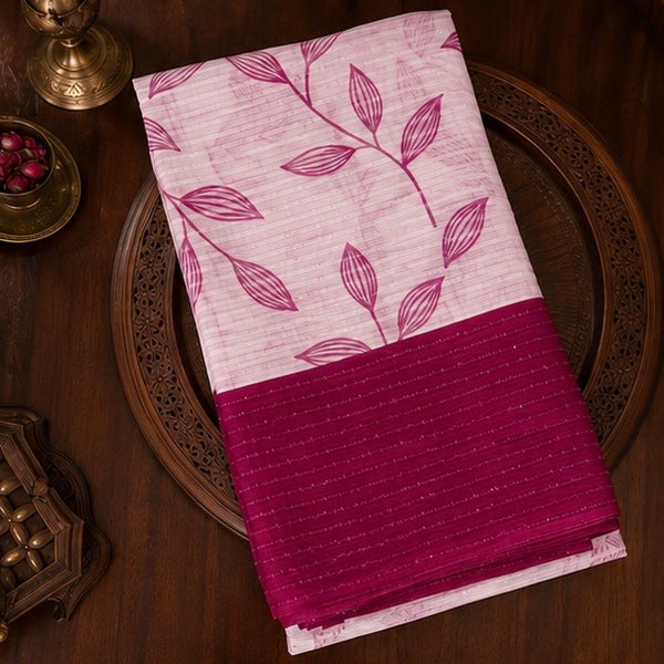 Premium Baby Pink Leaf Print Saree with Magenta Designer Border