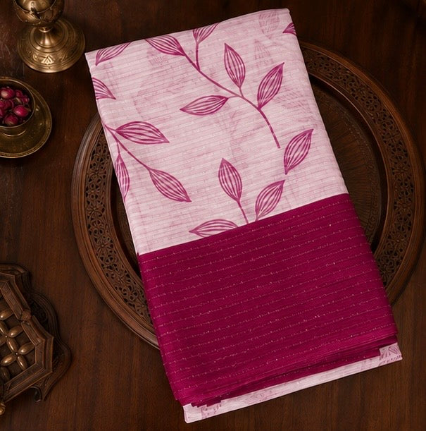 Premium Baby Pink Leaf Print Saree with Magenta Designer Border