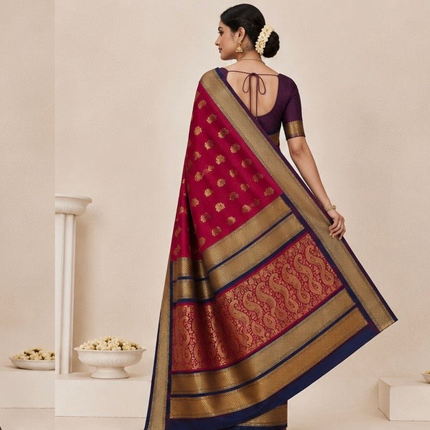 Red Paithani Silk Saree with Woven Peacock Motifs