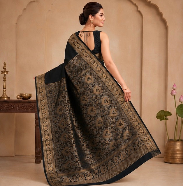 Deep Olive Silk Woven Saree with Antique Zari Pallu