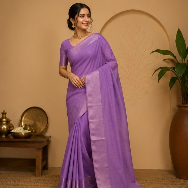 Premium Plain Soft Silk Saree with Elegant Gold Line Pallu & Self Zari Border | Lavender