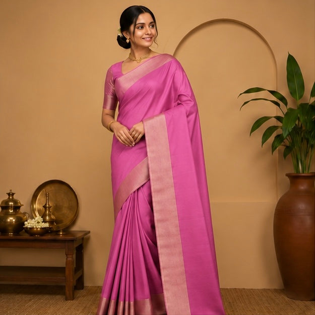 Premium Plain Soft Silk Saree with Elegant Gold Line Pallu & Self Zari Border | Orchid Pink