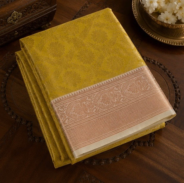 Mustard Yellow Floral Woven Silk Saree with Zari Border