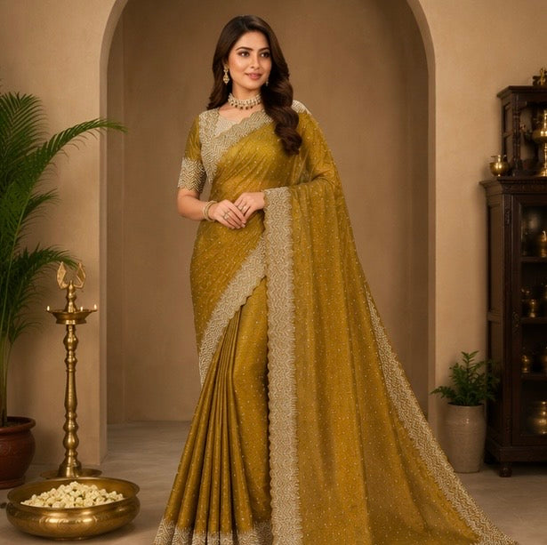 Antique Gold Designer Saree with Embroidered Border