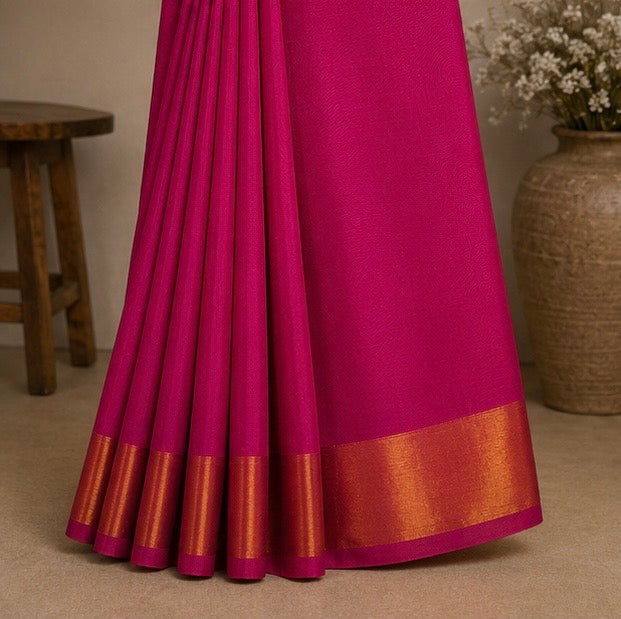 Elegant Pink Soft Silk Saree with Golden Zari Border
