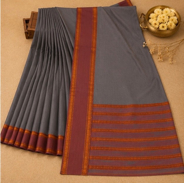 Soft Silk Saree with Traditional Zari Border | Grey