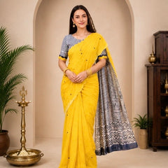 Bright Yellow Cotton Saree with Printed Pallu