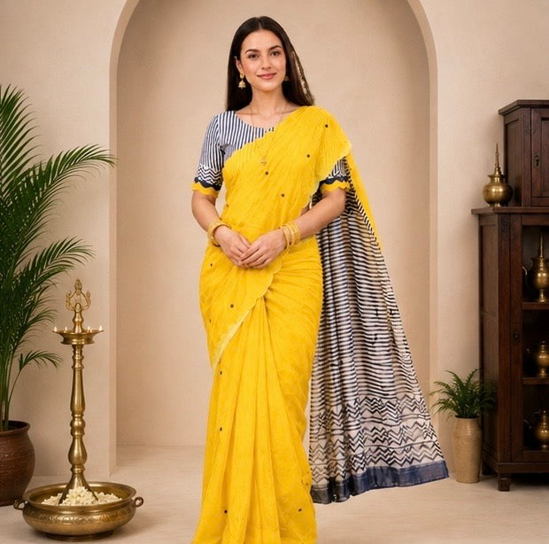 Bright Yellow Cotton Saree with Printed Pallu