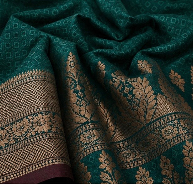 Deep Teal Green Silk Woven Saree with Antique Gold Border