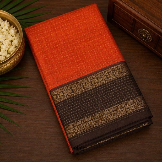 Orange Traditional Saree with Peacock Design Pallu