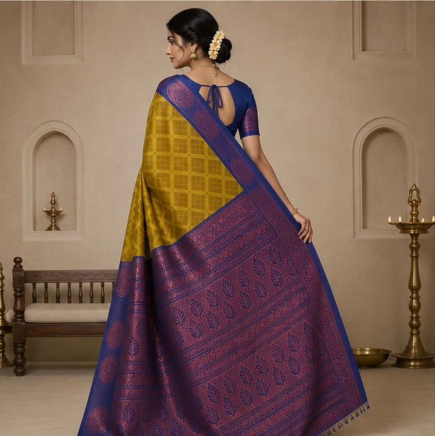 Olive Lime Green Woven Silk Saree with Blue Contrast Border