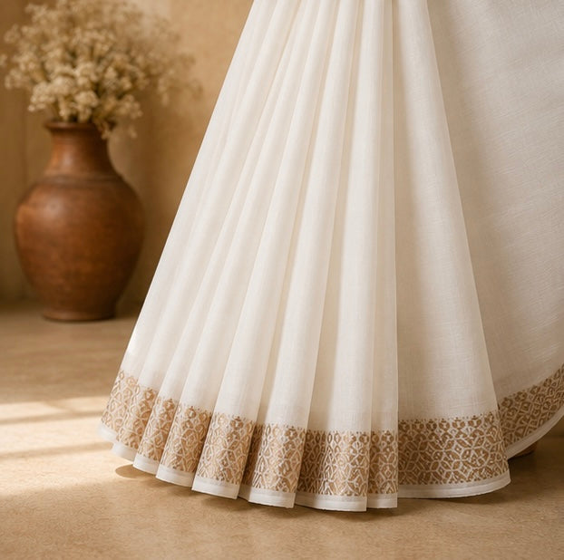 Kerala Linen Saree with Broad Copper Zari Border