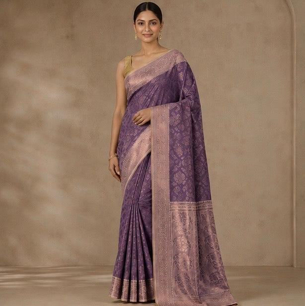 Lavender Floral Woven Silk Saree with Zari Border