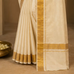 Off White Cotton Saree with Plain Gold Zari Border