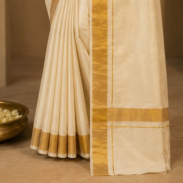 Off White Cotton Saree with Plain Gold Zari Border