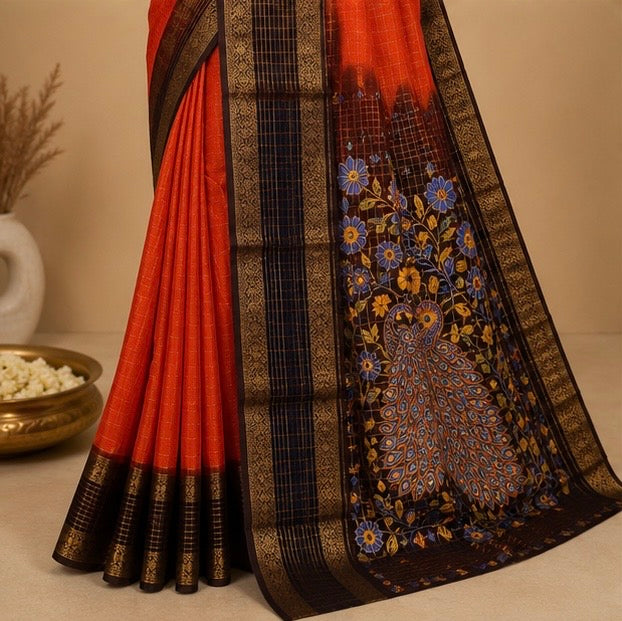 Orange Traditional Saree with Peacock Design Pallu