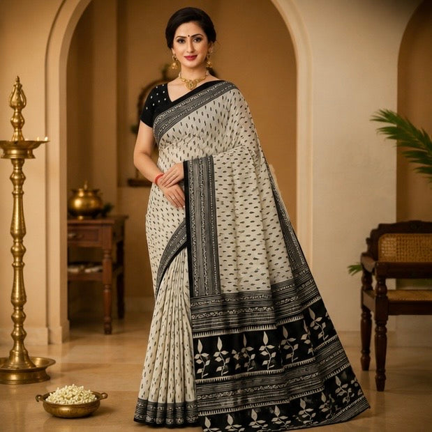 Off White Printed Saree with Black Traditional Border