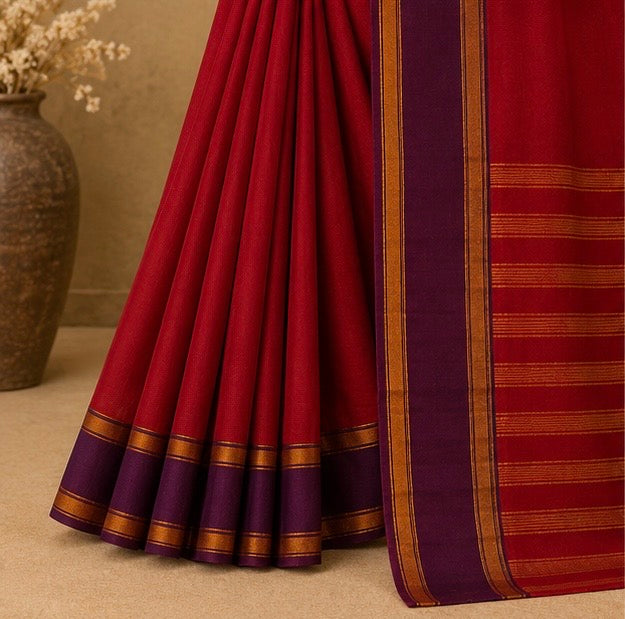 Soft Silk Saree with Traditional Zari Border | Red