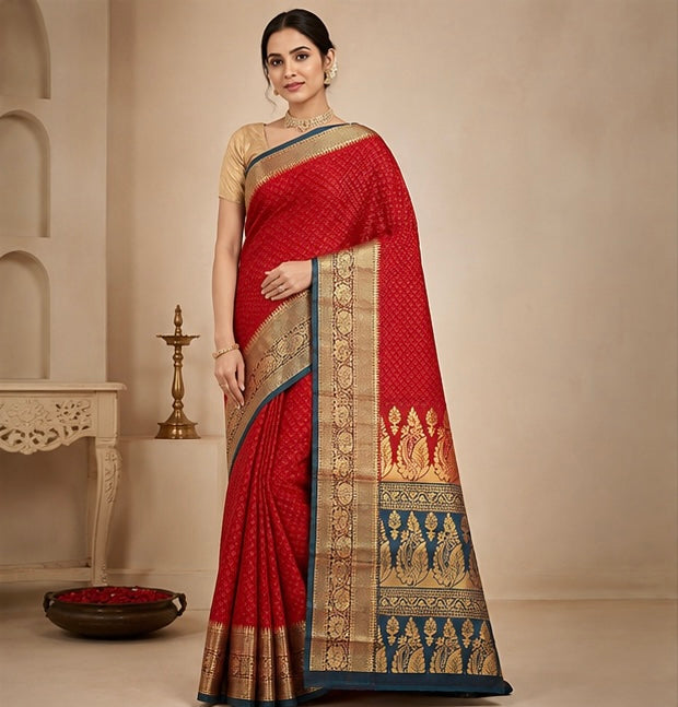 Crimson Red Silk Woven Saree with Antique Gold Zari Border
