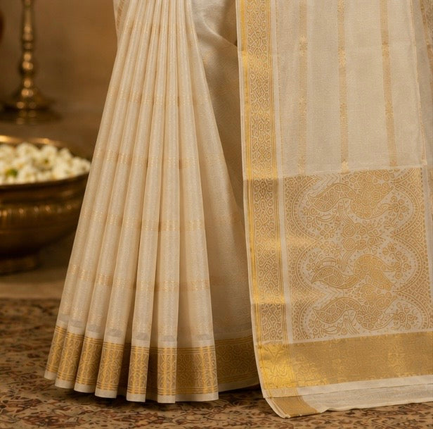 Off White Cotton Saree with Gold Zari Stripes & Traditional Peacock Pallu Design