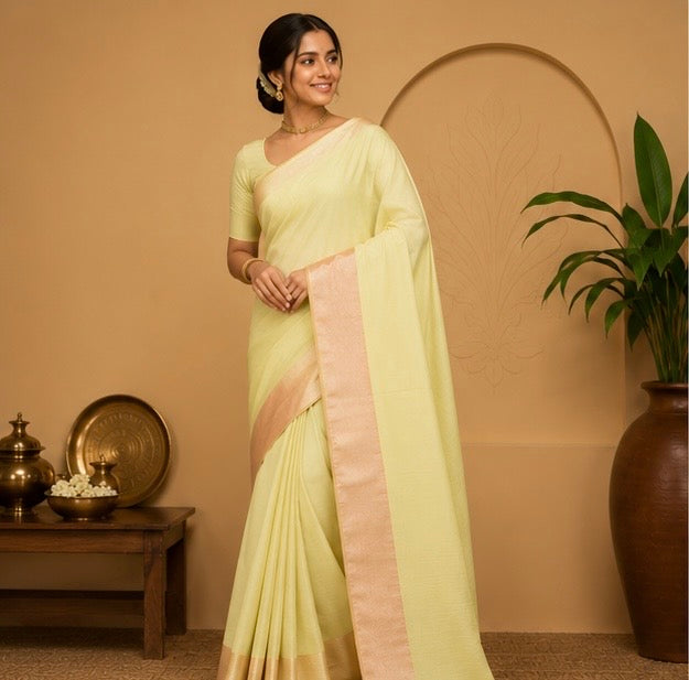 Premium Plain Soft Silk Saree with Elegant Gold Line Pallu & Self Zari Border | Yellow