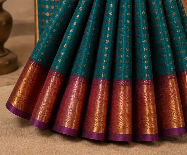 Premium Peacock Blue Banarasi Silk Saree with Gold Zari Border