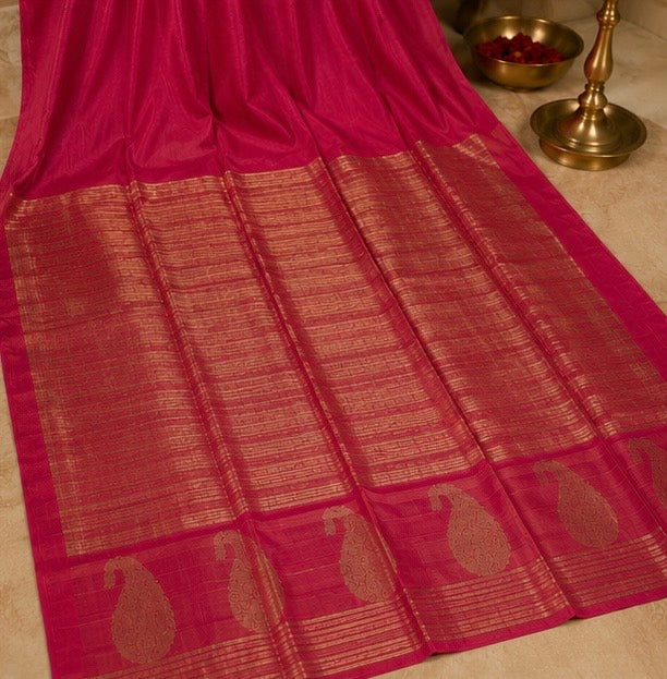 Pink Tussar Silk Saree with Gold Zari Paisley Border
