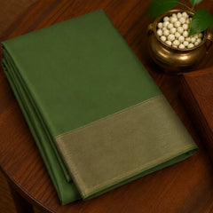 Premium Plain Soft Silk Saree with Elegant Gold Line Pallu & Self Zari Border | Olive Green