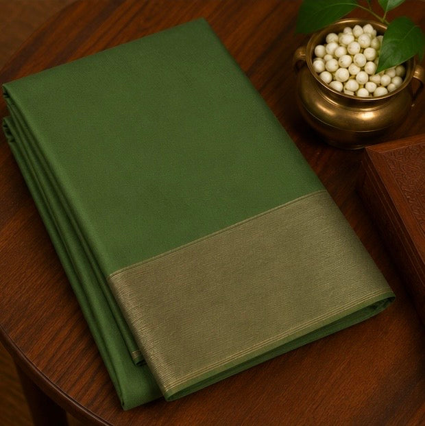 Premium Plain Soft Silk Saree with Elegant Gold Line Pallu & Self Zari Border | Olive Green