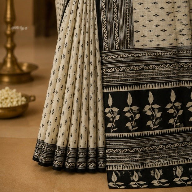 Off White Printed Saree with Black Traditional Border