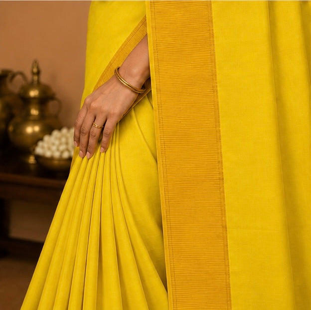 Premium Plain Soft Silk Saree with Elegant Gold Line Pallu & Self Zari Border | Yellow