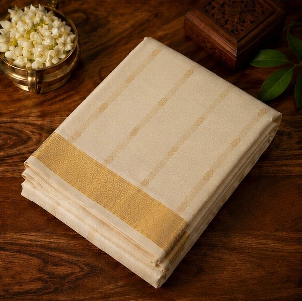 Off White Cotton Saree with Gold Zari Stripes & Traditional Peacock Pallu Design