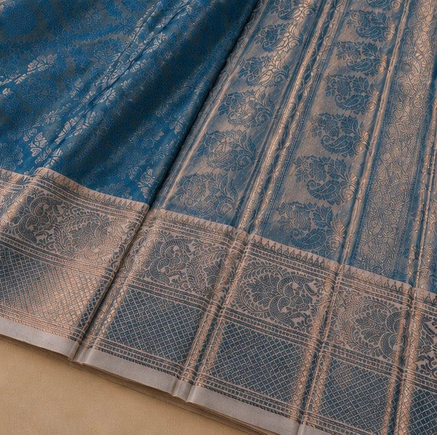 Royal Blue Floral Woven Silk Saree with Zari Border