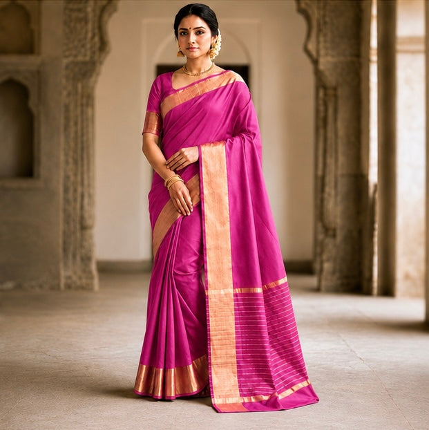 Elegant Pink Soft Silk Saree with Golden Zari Border