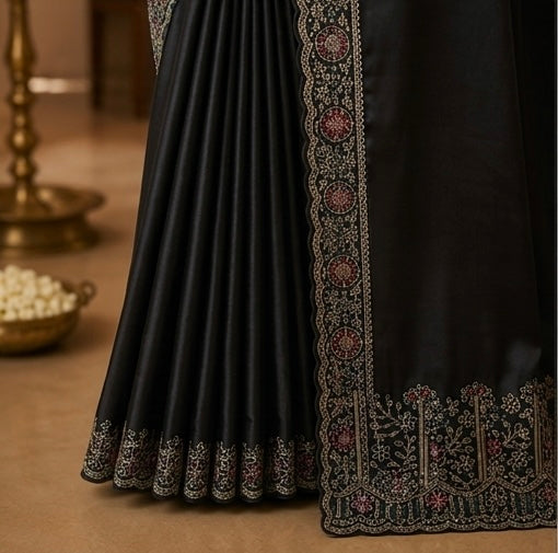 Black Embroidered Saree with Designer Floral Border