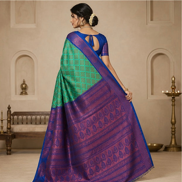 Turquoise Green Woven Silk Saree with Royal Blue Brocade Border