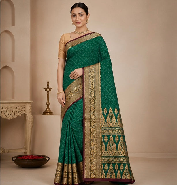 Emerald Green Silk Woven Saree with Gold Floral Zari Border