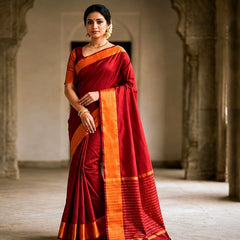 Elegant Red Soft Silk Saree with Golden Zari Border