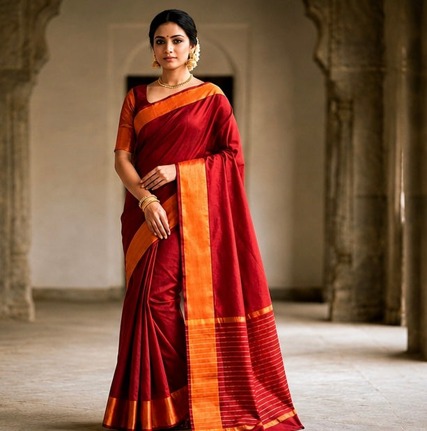 Elegant Red Soft Silk Saree with Golden Zari Border